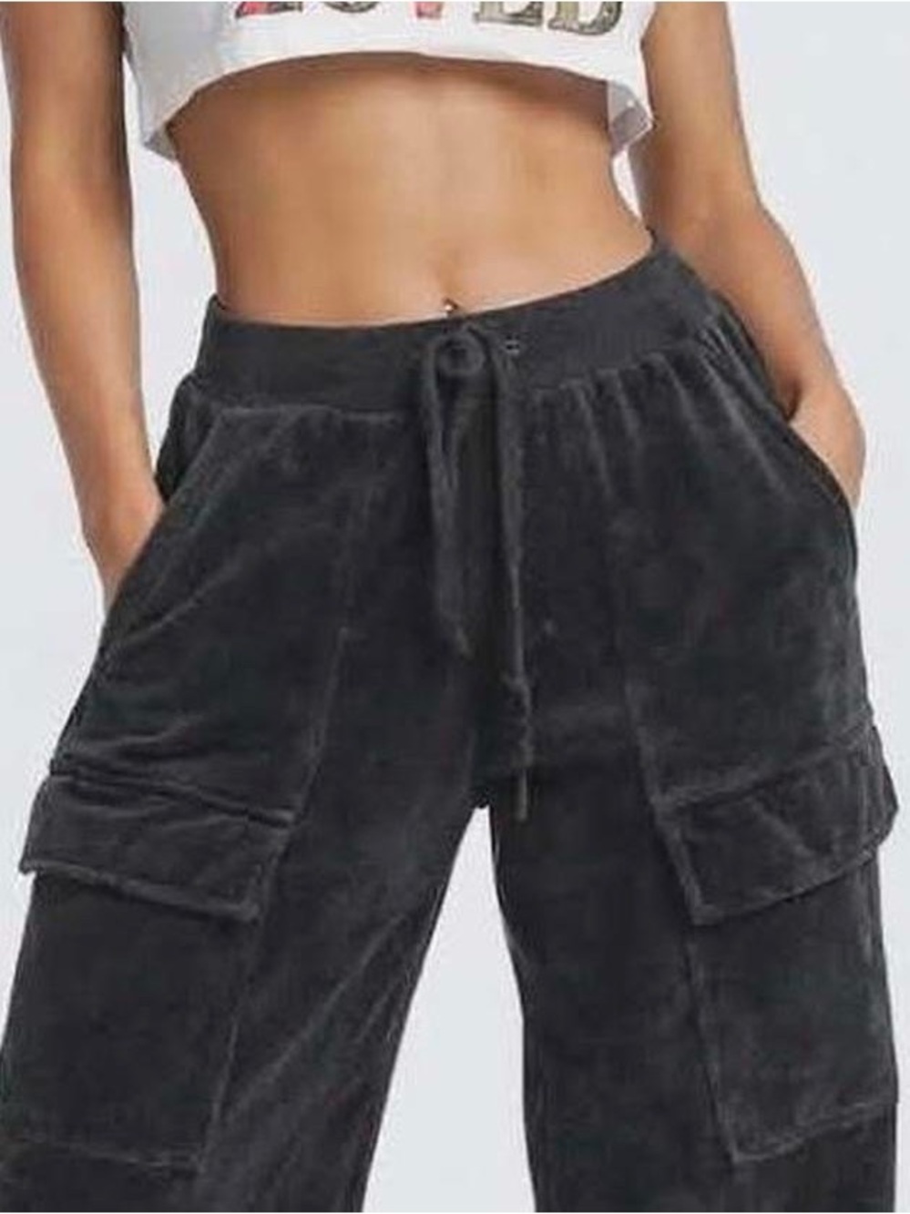 Women's Black Velour Cargo Joggers with Drawstring Waist